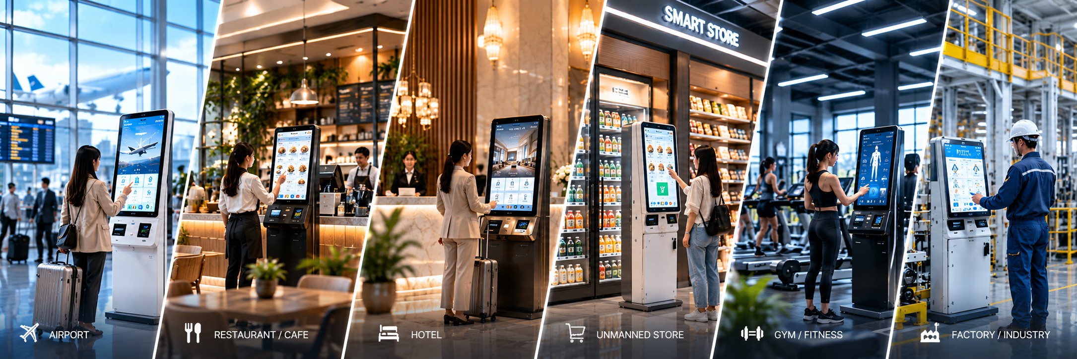 공항 · 카페 · 호텔 · 무인매장 · 피트니스 · 공장의 스마트 키오스크
