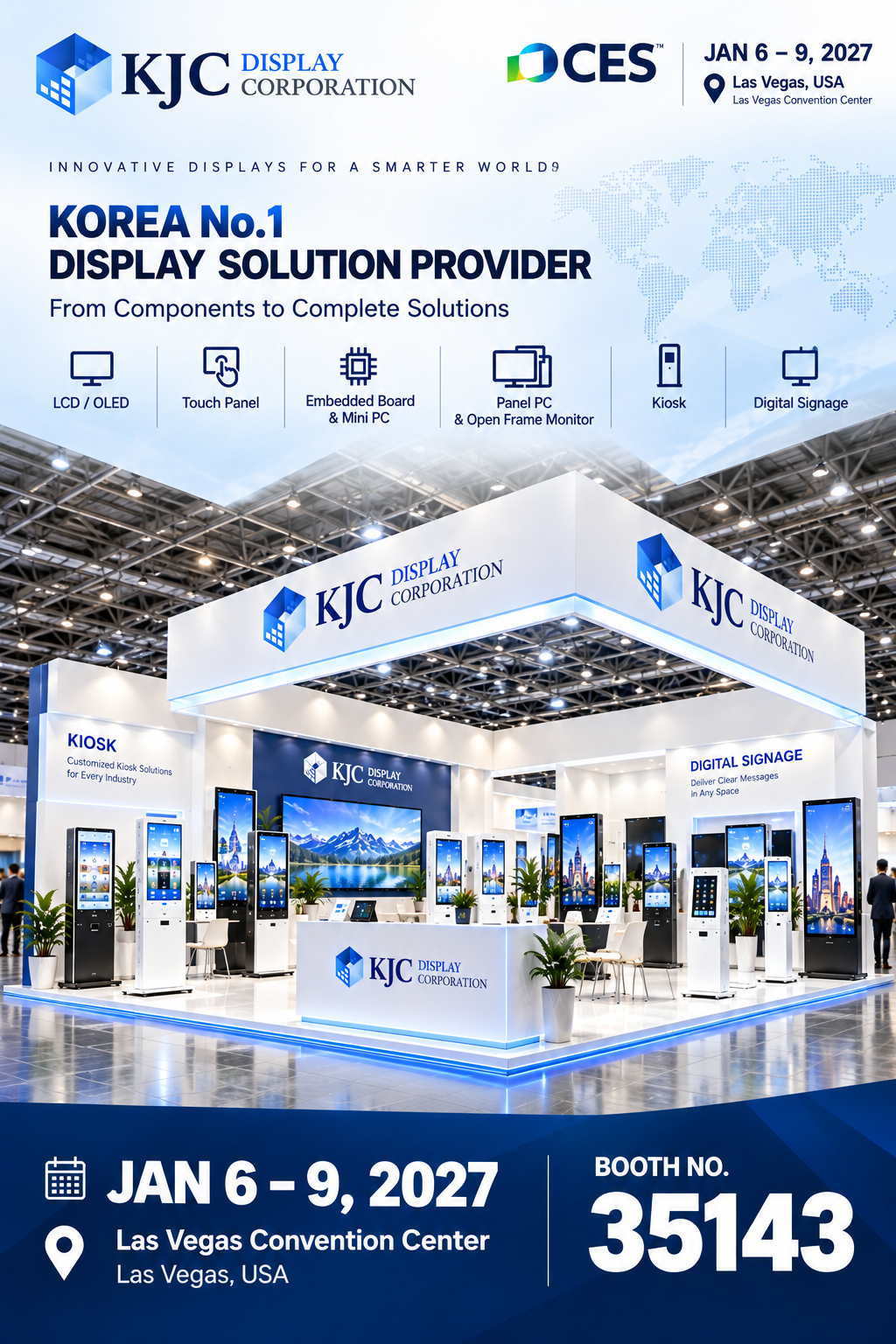 KJC DISPLAY at CES 2027 — Booth 35143, Jan 6–9, 2027, Las Vegas Convention Center